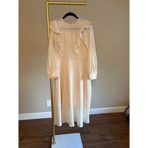 Hobbs London Midi Dress Cream Seersucker Ruffle US 4 Coquette Prairie  Boho